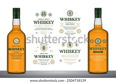 Vector whiskey labels and whiskey glass bottle mockups