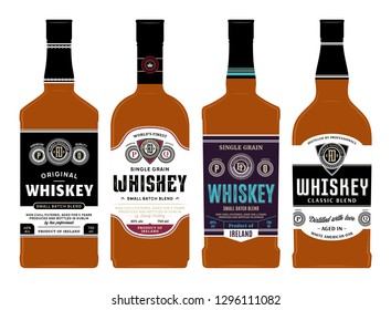 Vector whiskey labels on bottles. Distilling business branding and identity design elements.