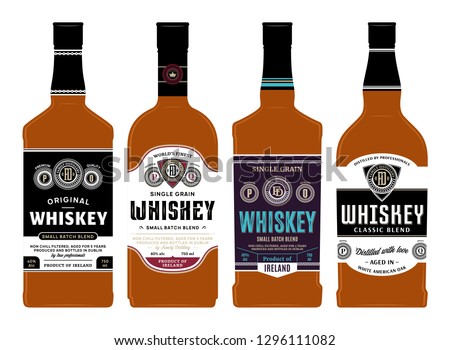 Vector whiskey labels on bottles. Distilling business branding and identity design elements.