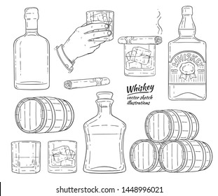 Vector whiskey symbols monochrome set. Glass bottle, man hand holding glass of scotch with ice cubes, wooden alcohol barrel, smoking havana cigar sketch icon. Alcohol product advertising design.