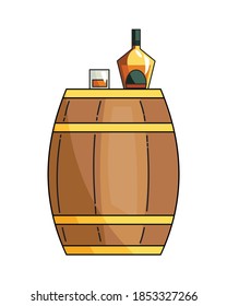 Vector whiskey symbols set. Glass bottle, glass of scotch with ice cubes, wooden alcohol barrel icon collection. Alcohol product advertising design