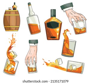 Vector whiskey symbols set. Glass bottle, man hand holding glass of scotch with ice cubes, wooden alcohol barrel icon collection. Alcohol product advertising design