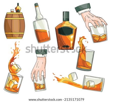 Vector whiskey symbols set. Glass bottle, man hand holding glass of scotch with ice cubes, wooden alcohol barrel icon collection. Alcohol product advertising design