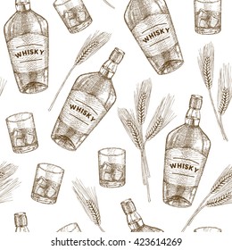 Vector whisky hand drawn seamless pattern.