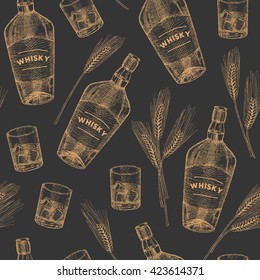 Vector whisky hand drawn seamless pattern.