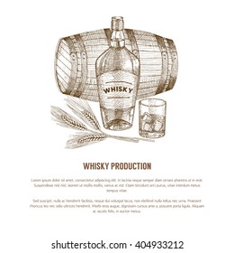 Vektor Whisky Produktion Vorlage, Flyer, Konzept. Vintage handgezeichnete Elemente.