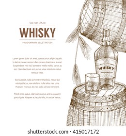 Vector whisky production template, flyer, concept. Vintage hand drawn elements.