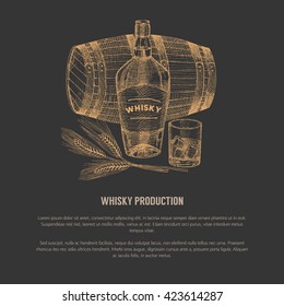 Vektorillustration Whisky Produktion Vorlage, Flyer, Konzept. Vintage handgezeichnete Elemente.