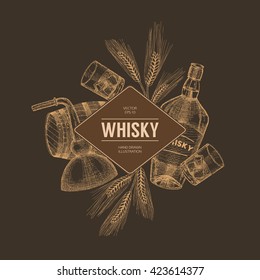 Vector whisky production template, flyer, concept. Vintage hand drawn elements.