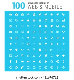 vector white 100 universal web icons set on blue