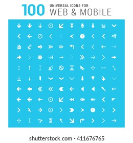 vector white 100 universal web icons set on blue