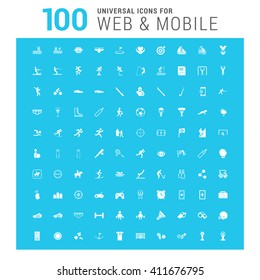 vector white 100 universal web icons set on blue