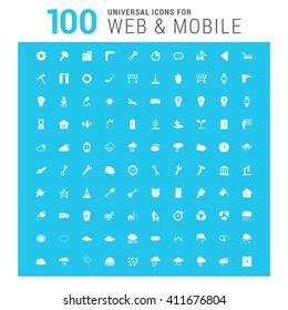 vector white 100 universal web icons set on blue