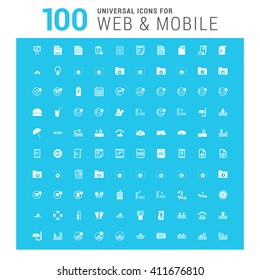vector white 100 universal web icons set on blue