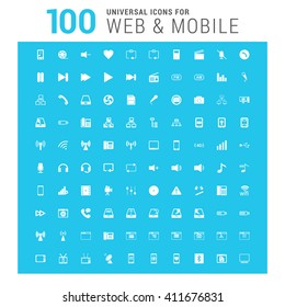 vector white 100 universal web icons set on blue