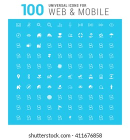vector white 100 universal web icons set on blue