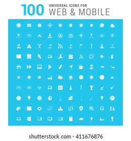 vector white 100 universal web icons set on blue