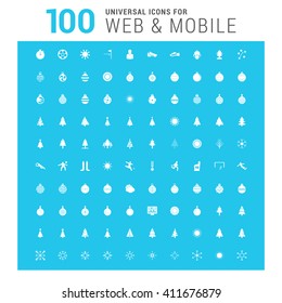 vector white 100 universal web icons set on blue