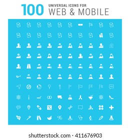 vector white 100 universal web icons set on blue