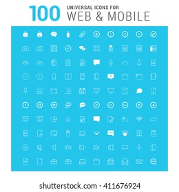 vector white 100 universal web icons set on blue
