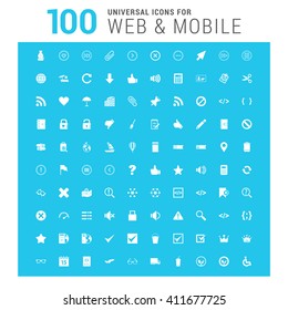 vector white 100 universal web icons set on blue