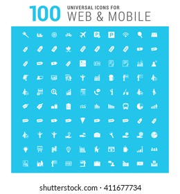 vector white 100 universal web icons set on blue