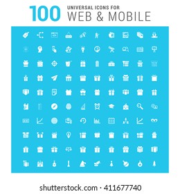 vector white 100 universal web icons set on blue