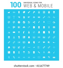 vector white 100 universal web icons set on blue
