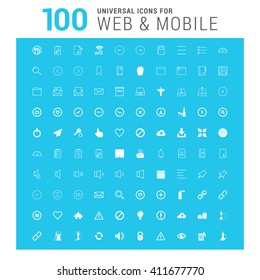vector white 100 universal web icons set on blue