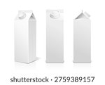 Vector white 3D blank paperboard box food packaging. Vector mock-up milk or juice carton set. Gable top and brick shaped carton packs. Cardboard container side and front