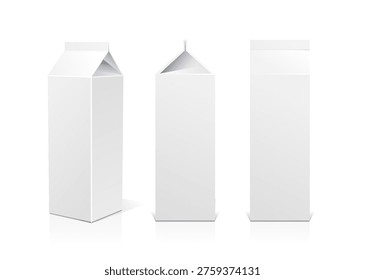 Vector white 3D blank paperboard box food packaging. Vector mock-up milk or juice carton set. Gable top and brick shaped carton packs. Cardboard container side and front