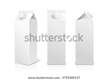 Vector white 3D blank paperboard box food packaging. Vector mock-up milk or juice carton set. Gable top and brick shaped carton packs. Cardboard container side and front