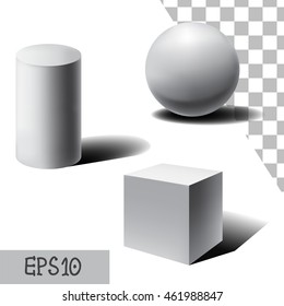 Vector white 3D sphere, cube and cylinder. Simple geometric form. Set of realistic white geometric figures with shadows. Vector illustration. 