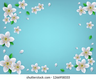 Vector white abstract flowers with green leaves on blue background template. Abstract natural decoration pattern. Summer or spring fresh poster, banner design illustration