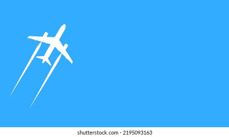 Avión blanco vector vuela en cielo azul, silueta de vista superior. Viaja con un sencillo fondo plano. Papel mínimo de turismo. Banner de avión de pasajeros, copia espacio para texto. diapositiva de presentación vacía