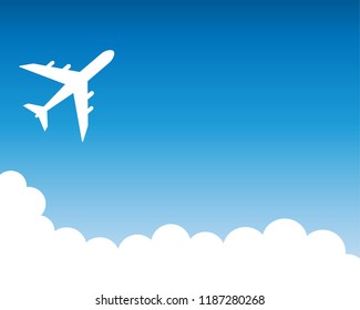 Vector white airplane flying up in the cloudy sky on blu sky. with copy space