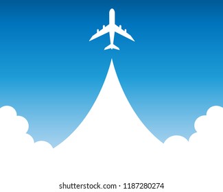 Vector white airplane flying up in the cloudy sky on blu sky. with copy space