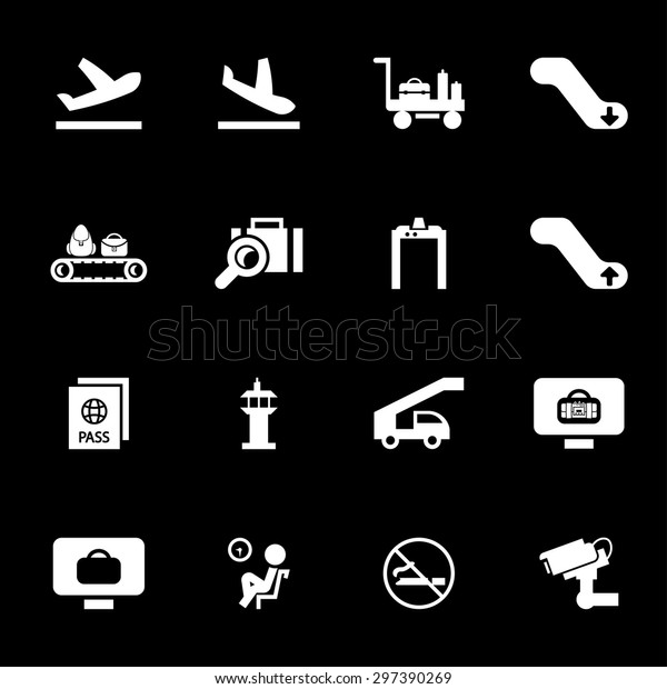 Vector white\
airport icon set on black\
background
