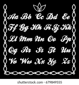 Vector white alphabet. Chalk text style. Illustration on a black background.