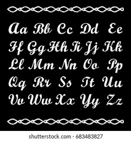 Vector white alphabet. Chalk text style. Illustration on a black background.