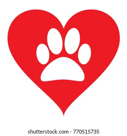 Vector Of A White Animal Pawprint In A Red Heart On White Background To Be Uses As A Logo Or Illustration