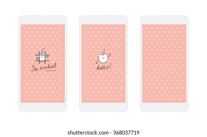 Vector white apple on pink background screens for mobile phone app with funny apple character
