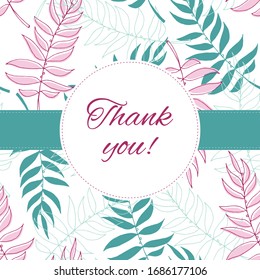 Vector white Appreciation card with a pink and green leaf pattern. Thank You card