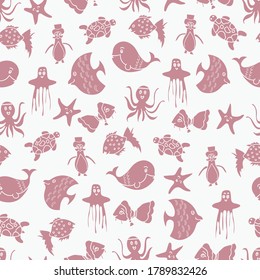Vector white aquatic silhouette seamless pattern background