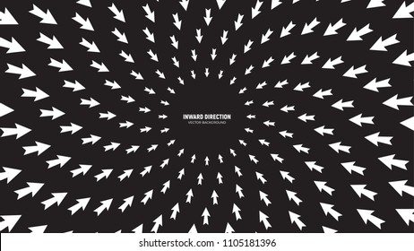 Vector White Arrows in Radial Composition Diverging in Inward Direction on Black Background Abstract Conceptual Illustration