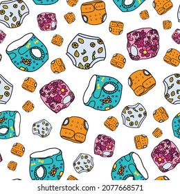 Vector white Baby cloth diapers with different designs seamless background pattern