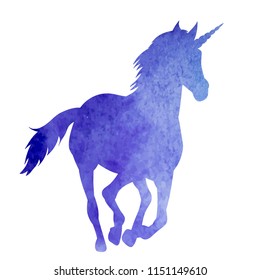 vector, white background, blue watercolor silhouette unicorn