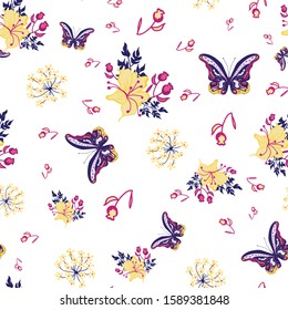 Vector white background butterflies  bouquets flower garden seamless pattern illustration for birthday, fabric, party, event, decoration, gift wrap, scrapbook project, print, wallpaper, textile design