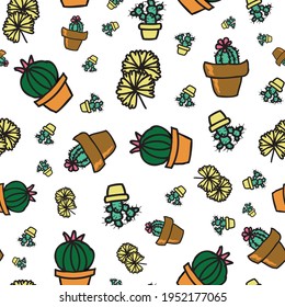 Vector white background cactus plant in pot, succulents seamless pattern. Seamless pattern background