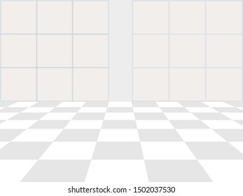 Vector white background. Checkered perspective floor and window